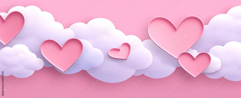 Pink hearts and clouds on a pink background.