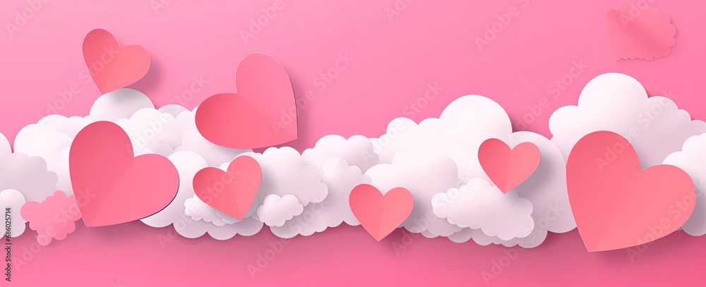 Pink hearts and clouds on a pink background.