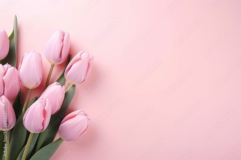 Pink Tulips on Blush Background. Celebrating Special Occasions Valentine's Day, Easter, Birthday, Happy Women's Day, Mother's Day. Flat lay, top view, copy space