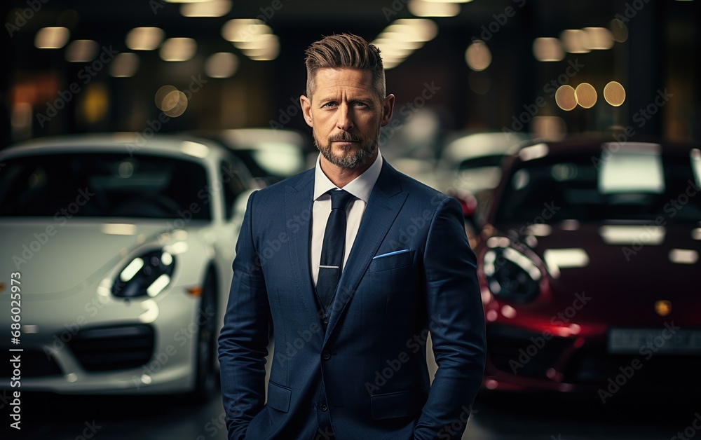 Successful entrepreneur choosing a sleek new car in a luxury car dealership
