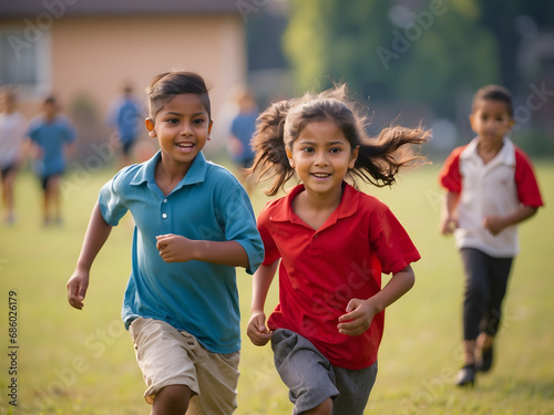 Kids playing football on a field for physical exercise