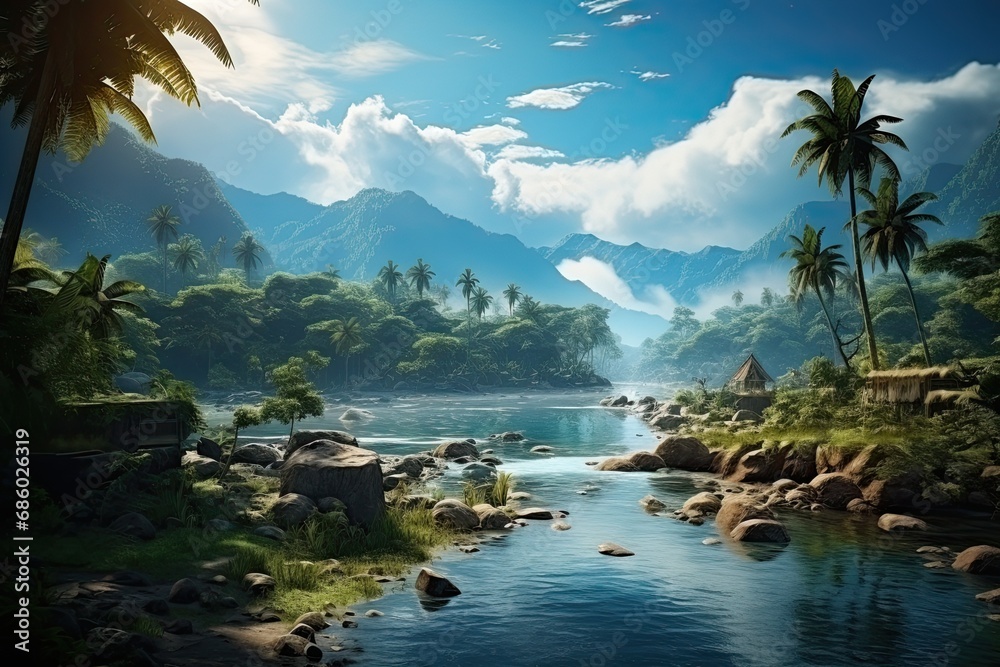 Tropical landscape with river in the jungle. Mountains in the background. Generative AI Art. Beautiful view.