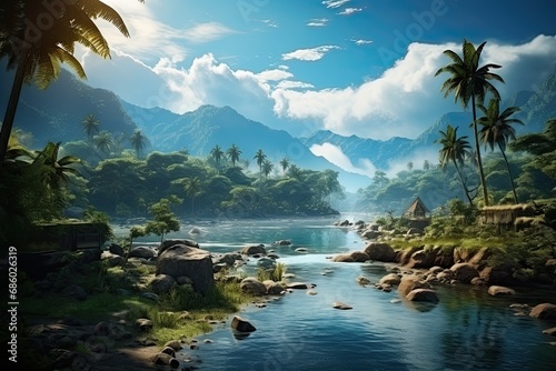 Tropical landscape with river in the jungle. Mountains in the background. Generative AI Art. Beautiful view. © Sci-Fi Agent
