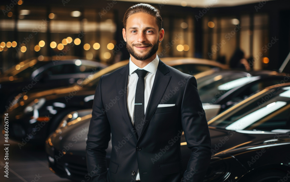 Successful entrepreneur choosing a sleek new car in a luxury car dealership Successful entrepreneur choosing a sleek new car in a luxury car dealership