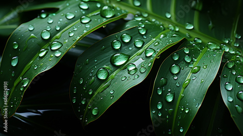 rain drop on tropical palm leaf, dark green background. Generative AI