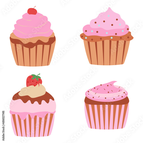 Cupcake Dessert With Cream and Chocolate. Vector Illustration Set. 