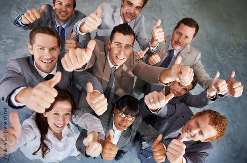 Portrait, group and happy business people thumbs up for motivation, corporate feedback or job well done . Emoji like icon, top view and professional team yes sign for voting opinion agreement photo