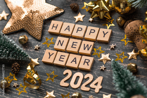 A postcard or banner. A symbol from the number 2024 with golden balls, stars, sequins and a beautiful bokeh on a wooden background. Happy New Year 2024. The concept of the celebration. photo