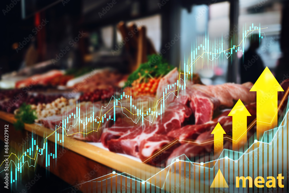 Various meat products in a display case overlaid with stock market analysis charts Various meat products in a display case overlaid with stock market analysis charts
