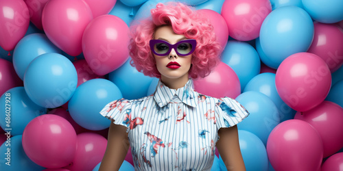 Vintage Elegance: Girl in a Retro Dress with modern pink hair in Front of Multicolored Balloons, Capturing the Whimsy of Celebration