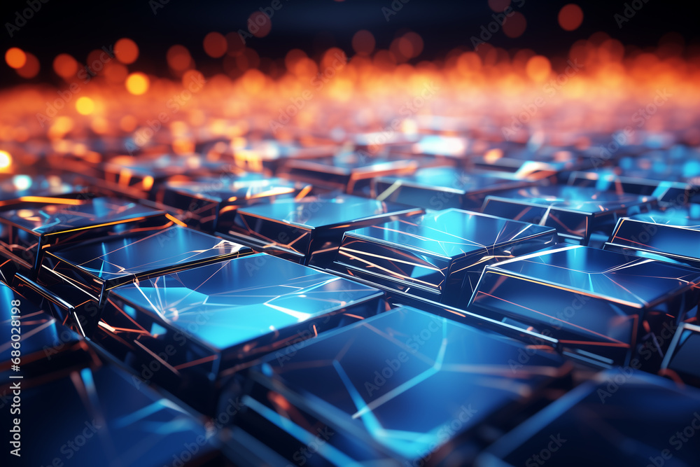 Fototapeta premium Abstract 3d rendering of chaotic cubes. Futuristic background with glowing cubes. AI Generation.