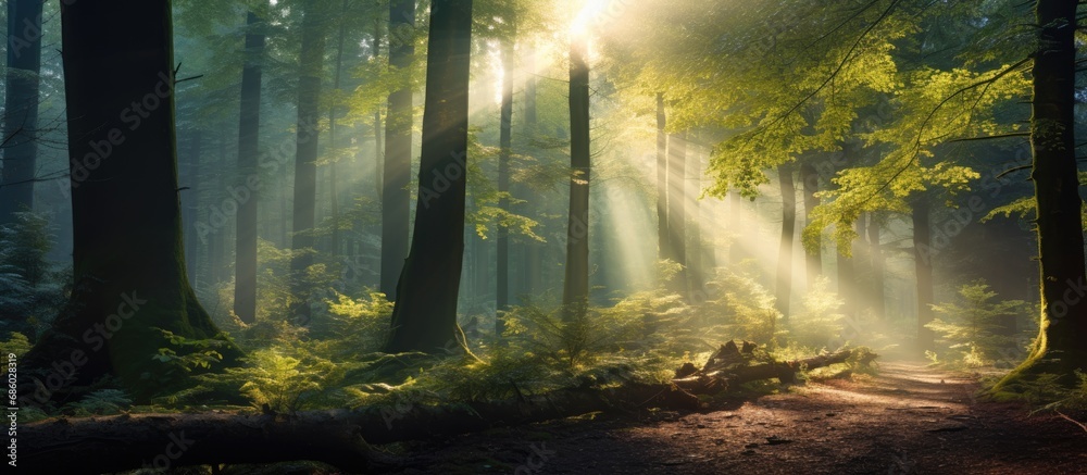 Sunlight filtering through misty woods.