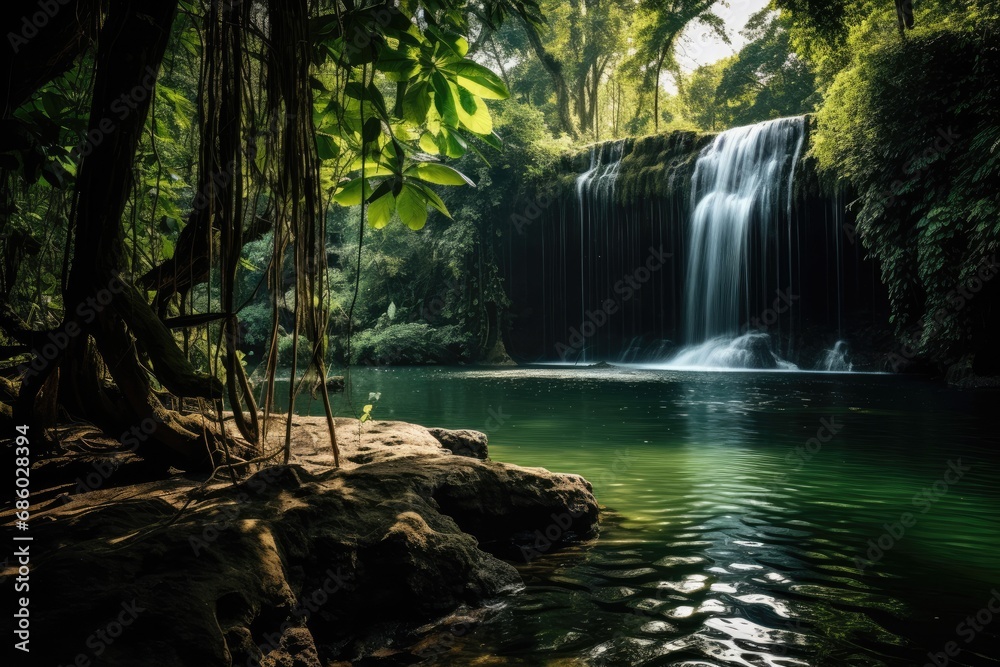 A refreshing waterfall in the lush greenery of the rainforest. A refreshing waterfall in the lush greenery of the rainforest.