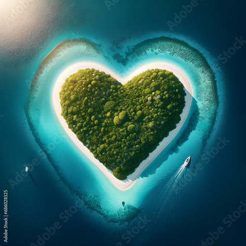 Verdant Heart-Shaped Island Encircled by White Sands