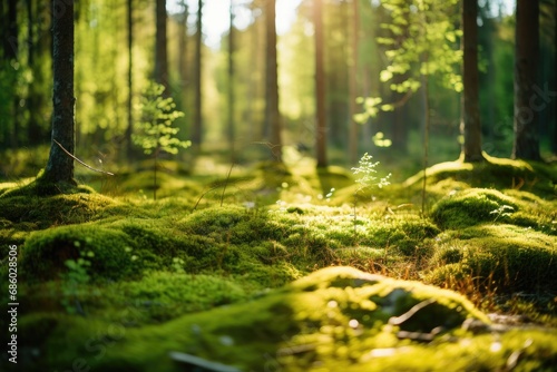 Fototapeta Naklejka Na Ścianę i Meble -  A tranquil forest scene with sunlight filtering through the trees and moss creates a serene wilderness atmosphere.