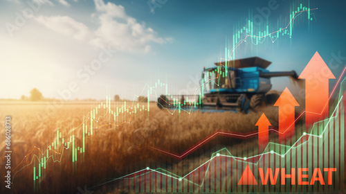 Harvesting machinery in a golden wheat field with stock market growth charts and arrows photo