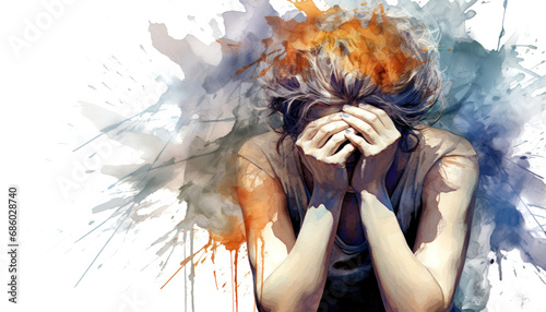 Relentless Nerve Pain: Agony and Despair in Watercolor. Non-existent person.