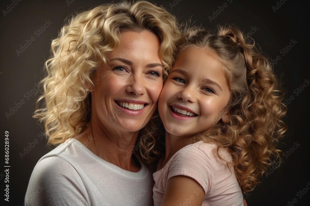 Close-up portrait of a beautiful smiling happy mother and daughter on a gray background. Family Day, Mother's Day, Hug day, family values and love concepts. Close-up portrait of a beautiful smiling happy mother and daughter on a gray background. Family Day, Mother's Day, Hug day, family values and love concepts.