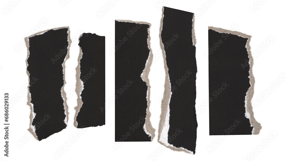 Naklejka premium Set of torn and ripped paper pieces, fragments with double edges from black paper in Y2K retro style, png isolated pieces on transparent background for text banner, mockups, textures, frame decoration