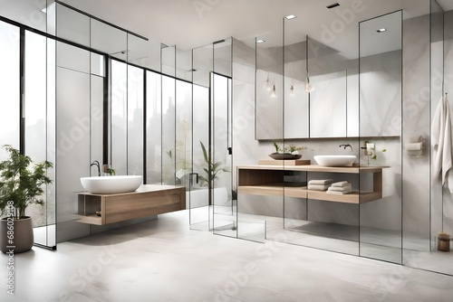 Minimalist spa bathroom with a floating vanity  neutral tones  and a sleek glass shower