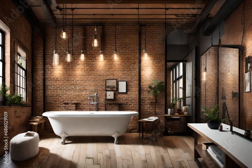 Contemporary loft bathroom with brick walls, a freestanding tub, and Edison bulb lighting