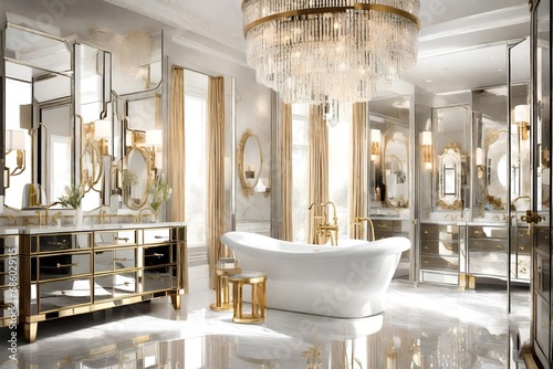 Vintage Hollywood glam bathroom with mirrored surfaces, a crystal chandelier, and gold accents