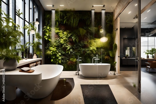 Urban oasis bathroom with a living green wall, a rain shower, and contemporary fixtures