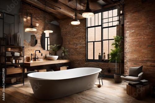 Contemporary loft bathroom with brick walls, a freestanding tub, and Edison bulb lighting