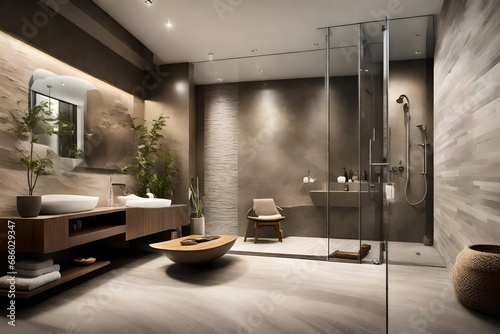 Subdued spa bathroom with neutral tones  a stone feature wall  and a rainfall shower