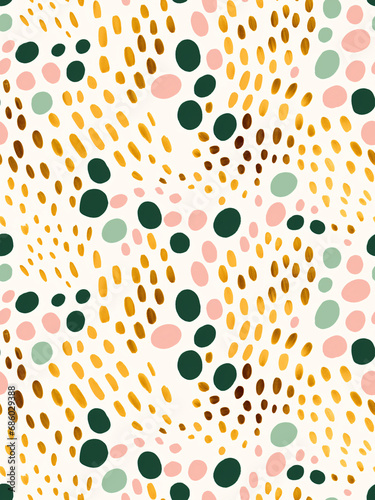 Abstract Seamless Pattern with Gold, pink, green dots on white background. Circles with hand drawn details. For graphic design and printing, card, poster, cover, interior, paper