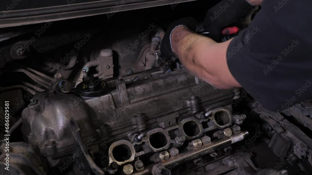 A close-up of a mechanic disassembling the engine under the hood of a car at a service station. An unrecognizable mechanic repairing a car engine. A man using a tool for his work. A close-up of a mechanic disassembling the engine under the hood of a car at a service station. An unrecognizable mechanic repairing a car engine. A man using a tool for his work.