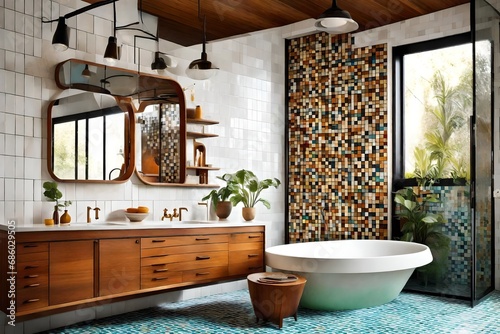 Mid-century modern bathroom with teak furniture, colorful tiles, and retro-inspired fixtures
