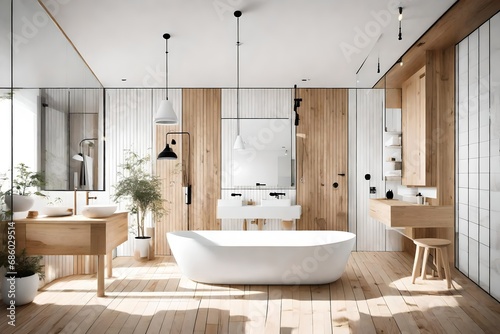 Scandinavian-inspired bathroom with clean lines  light wood  and a freestanding bathtub