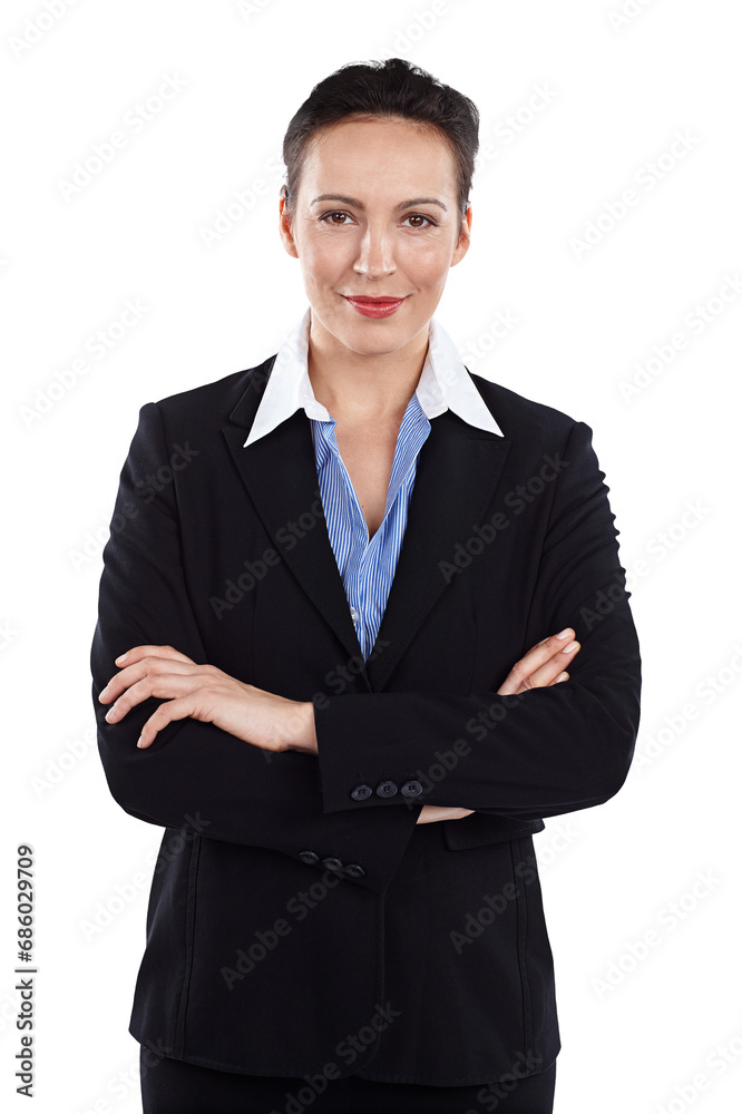 Woman, portrait and business clothes for confident manager, career development or company growth. Female person, face and professional with arms crossed or isolated, transparent png as background