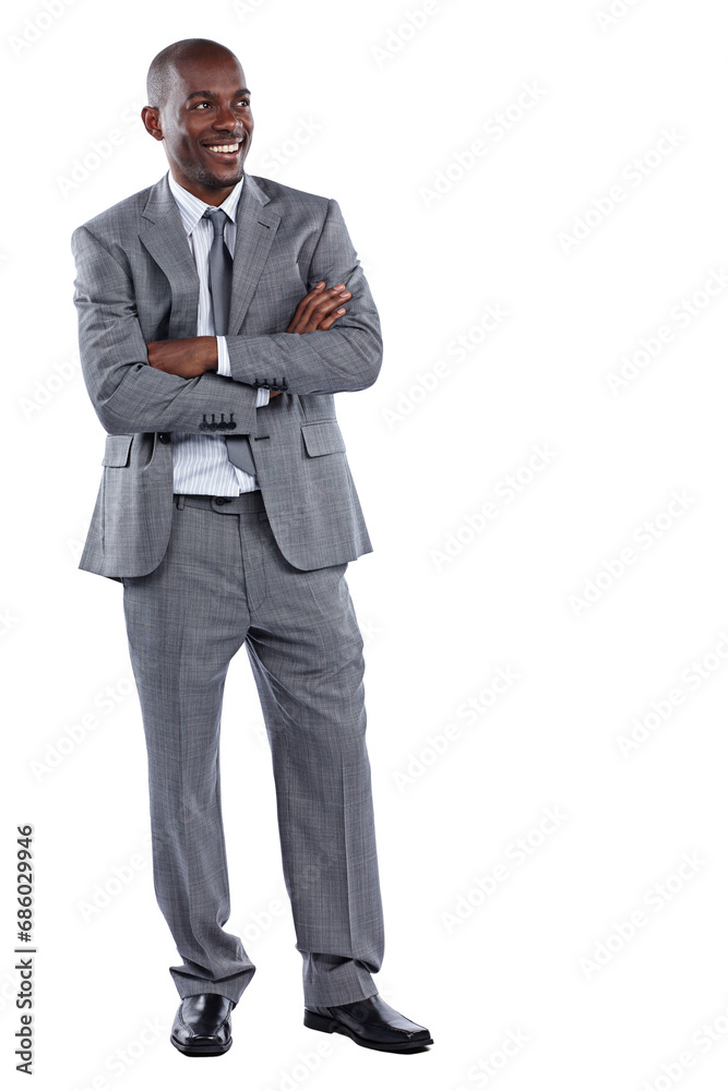 Thinking, arms crossed and black man in business with vision, planning future or problem solving. Smile, dream or confident lawyer with inspiration, decision or isolated on transparent png background Thinking, arms crossed and black man in business with vision, planning future or problem solving. Smile, dream or confident lawyer with inspiration, decision or isolated on transparent png background