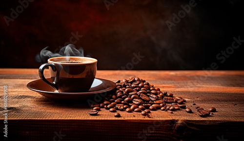 Taza de café caliente - Café molino granos - Cafetería especialidad, filtrado - Mesa madera  photo
