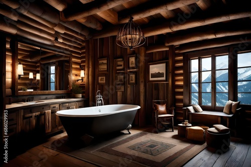 Mountain cabin bathroom with log cabin walls  a copper tub  and rustic fixtures