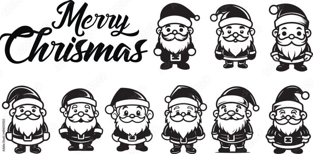 Vector Santa Claus collection. Set of cartoon funny Santa, Black and White. Chrismas collection of Santa Claus figures Vector Santa Claus collection. Set of cartoon funny Santa, Black and White. Chrismas collection of Santa Claus figures