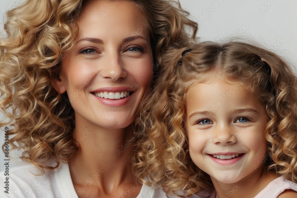 Close-up portrait of a beautiful smiling happy mother and daughter on a gray background. Family Day, Mother's Day, Hug day, family values and love concepts. Close-up portrait of a beautiful smiling happy mother and daughter on a gray background. Family Day, Mother's Day, Hug day, family values and love concepts.