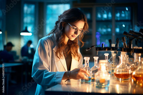 Mujer científica investigación probeta - Beca investigación estudiante ciencia farmacos