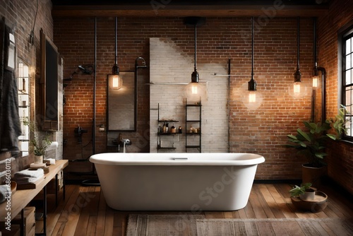 Urban loft bathroom with  brick walls  a freestanding tub  and Edison bulb lighting