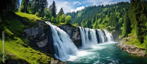 Reinfall waterfall in Switzerland: Europe's largest, powerful and beautiful, surrounded by lush green landscapes.