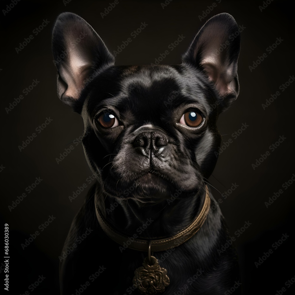 Portrait of a black purebred dog of the Boston Terrier breed, which looks cute and funny: eyes, ears, nose, muzzle, pet, animal, man's friend, best friend (Ai generation)