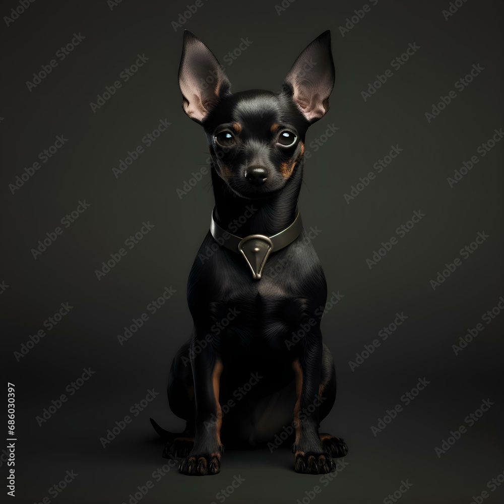 Portrait of a black purebred dog of the Toy Terrier breed, which looks cute and funny: eyes, ears, nose, muzzle, pet, animal, man's friend, best friend (Ai generation)