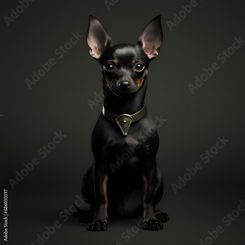 Portrait of a black purebred dog of the Toy Terrier breed, which looks cute and funny: eyes, ears, nose, muzzle, pet, animal, man's friend, best friend (Ai generation)