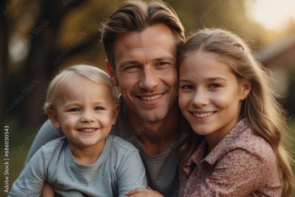 Close-up portrait of a beautiful family in nature. Dad with his son and daughter smile and look at the camera. Family Day, Day of Smiles, happiness, family values concepts. Close-up portrait of a beautiful family in nature. Dad with his son and daughter smile and look at the camera. Family Day, Day of Smiles, happiness, family values concepts.