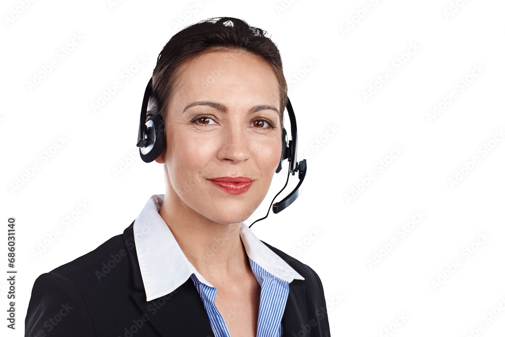 Call center, woman and face portrait for communication, CRM questions and customer service support isolated on transparent png background. Telemarketing consultant with microphone for telecom contact Call center, woman and face portrait for communication, CRM questions and customer service support isolated on transparent png background. Telemarketing consultant with microphone for telecom contact