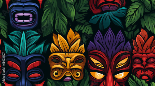 Seamless pattern illustration design of colorful tiki masks drawing in middle of green leaves