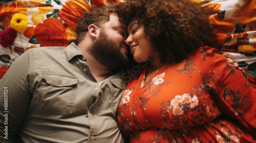 Portrait of a plus size mixed race couple of a man and woman laying in bed displaying their affection for each other