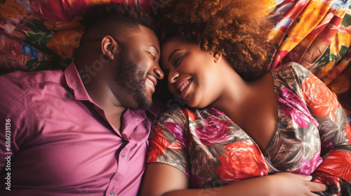 Portrait of a plus size black african american couple of a man and woman laying in bed displaying their affection for each other